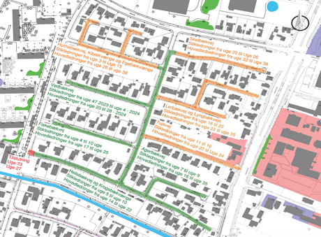 Billedet viser en tidsplan over, hvornaar vi graver hovedledning og stikledninger ned i den nordlige del af Koege