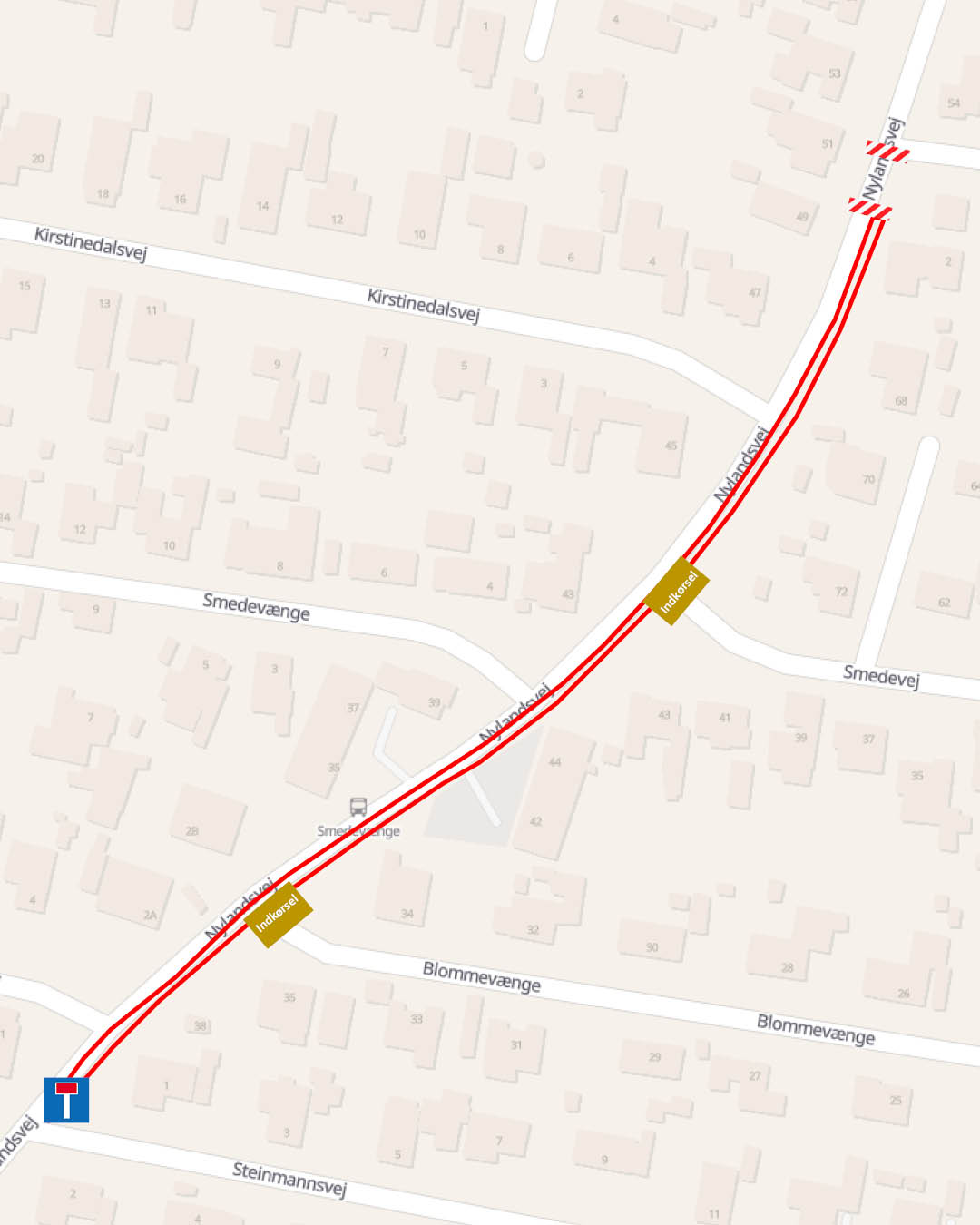 Det er et kort, der viser en spærring af Nylandsvej ved nr. 49-51.